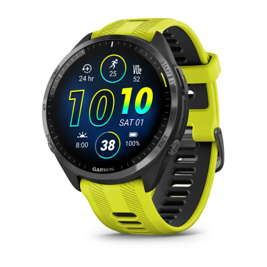 Garmin Forerunner® 965 Carbon Grey DLC Titanium Bezel with Black Case and Amp Yellow/Black Silicone Band